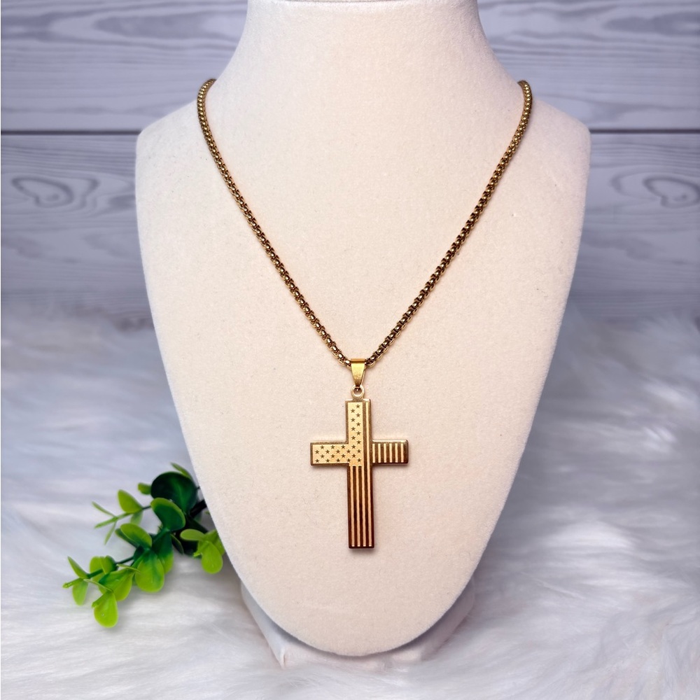Gold Cross With American Flag Necklace - Picture 3 of 10